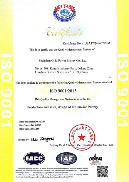Китай shenzhen gold power energy co.,ltd Сертификаты